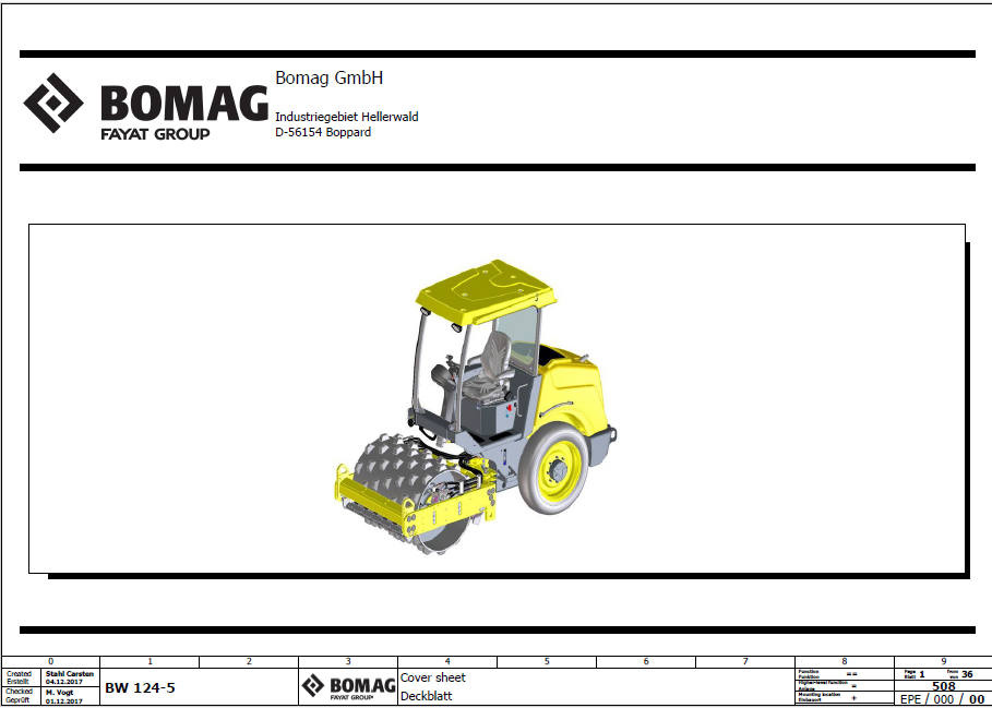 BOMAG BW 124 DH-5 Single Drum Vibratory Roller Electric & Hydraulic Schematic Diagram Manual (SN: 101587261001 - 101587269999)