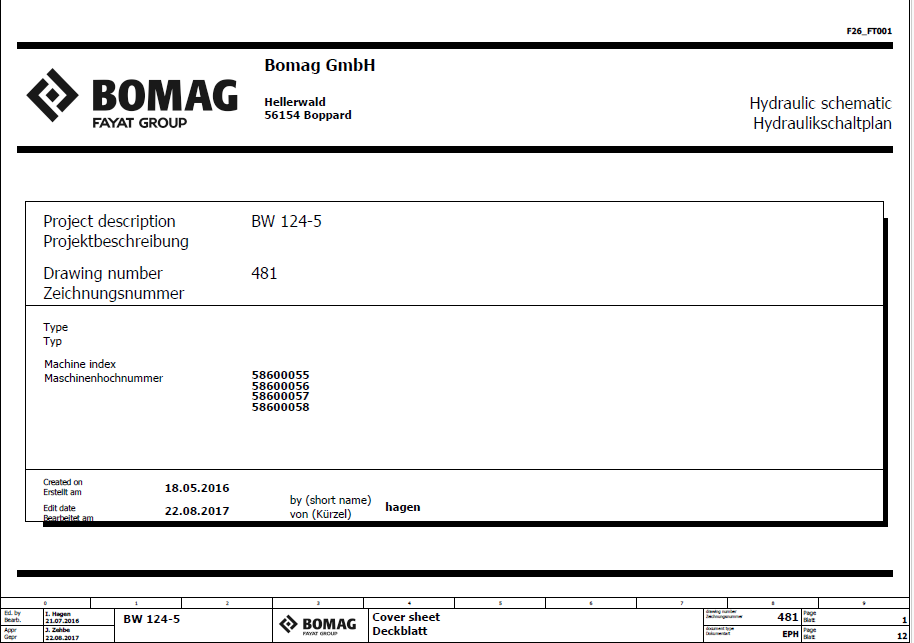 BOMAG BW 124 DH-5 Single Drum Vibratory Roller Electric & Hydraulic Schematic Diagram Manual (SN: 861586571003 - 861586579999)