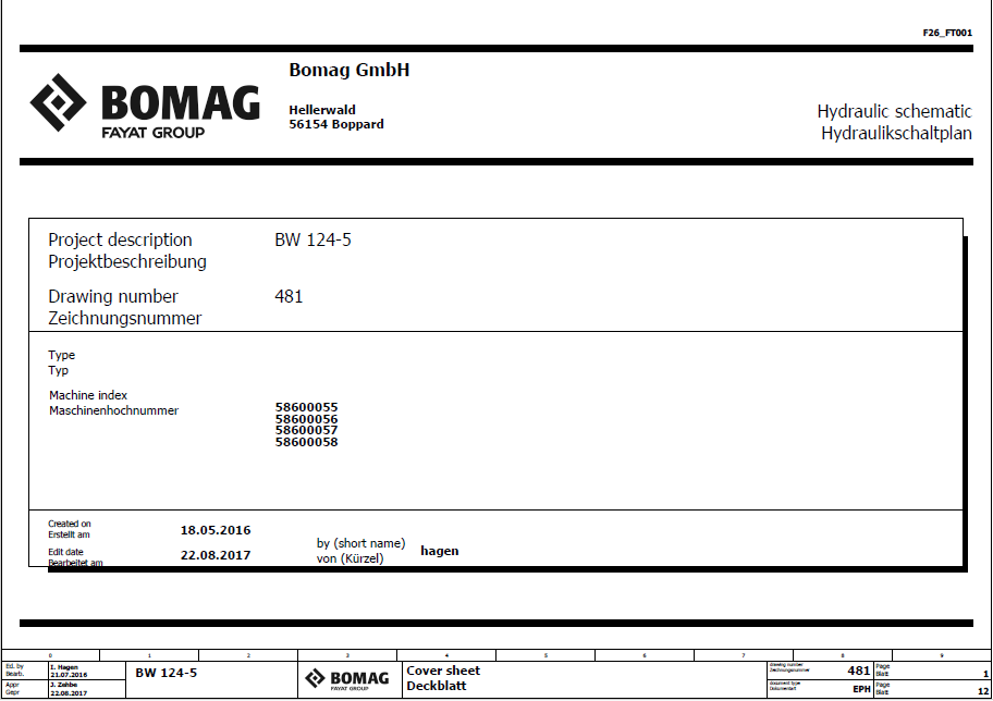 BOMAG BW 124 PDH-5 Single Drum Vibratory Roller Electric & Hydraulic Schematic Diagram Manual (S/N: 861586581001 - 861586589999)