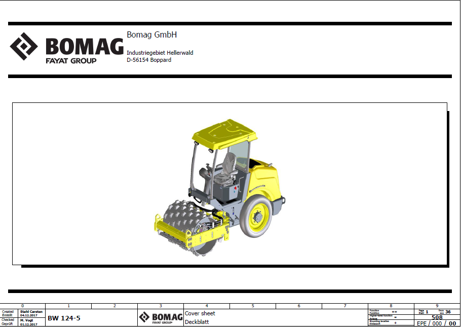 BOMAG BW 124 PDH-5 Single Drum Vibratory Roller Electric and Hydraulic Schematic Diagram Manual (S/N: 101587271001 - 101587279999)