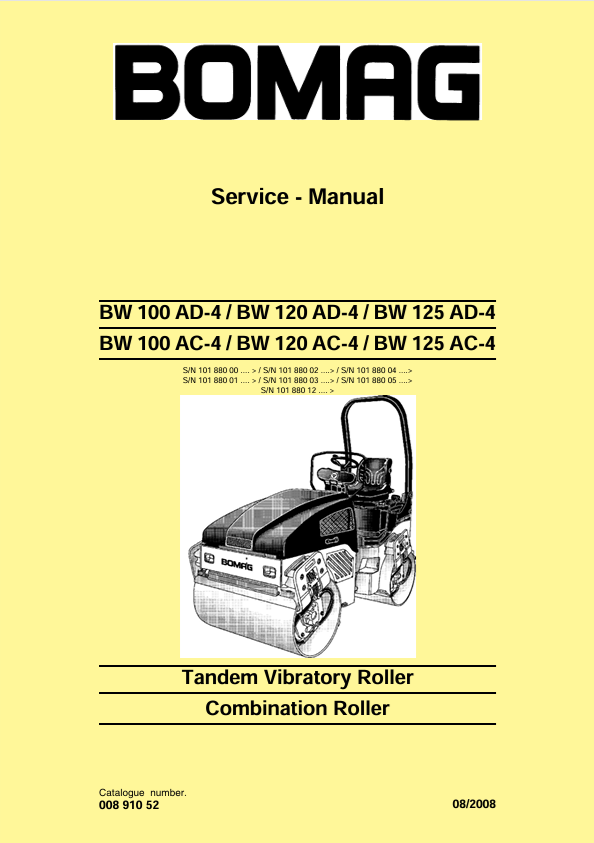 BOMAG BW 125 AD-4 Roller Service Manual 00891052 08.2008 PDF
