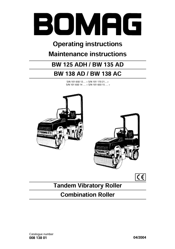 BOMAG BW 125 ADH Operating & Maintenance Manual 00813801 PDF
