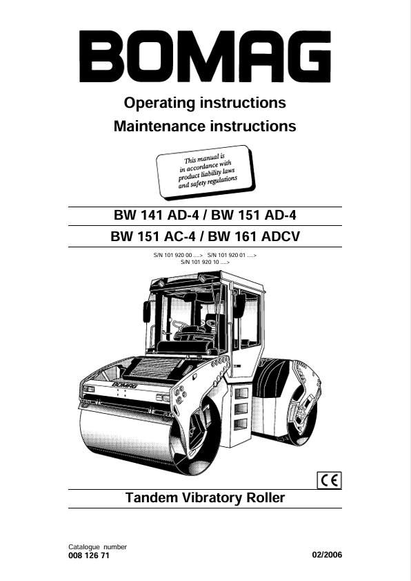 BOMAG BW 141 AD-4 Operating & Maintenance Manual 00812671 PDF