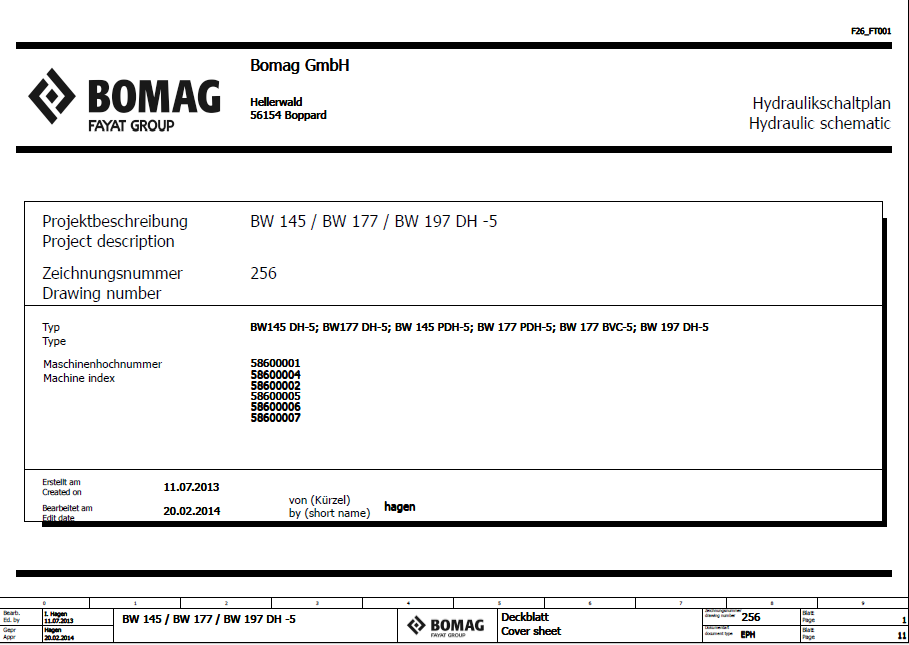 BOMAG BW 145 DH-5 Single Drum Vibratory Roller Electric and Hydraulic Schematic Diagram Manual (S/N: 101587071001 - 101587079999)