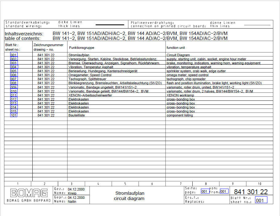 BOMAG BW 151 AD-2 Tandem Vibratory Roller Electric and Hydraulic Schematic Diagram Manual (S/N: 101490221187 - 101490221386)