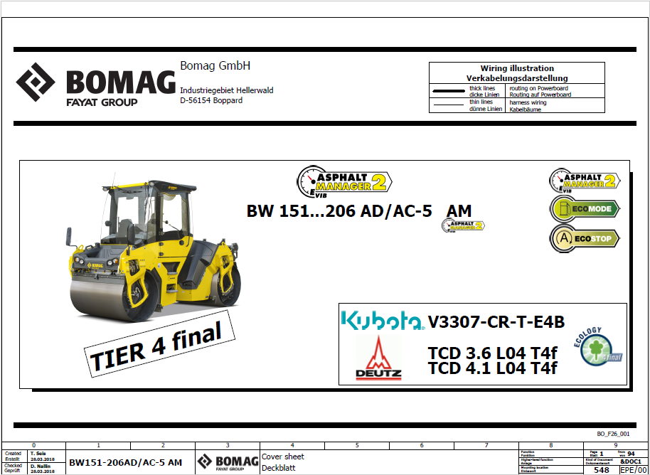 BOMAG BW 151 AD-5 AM Tandem Vibratory Roller Electric and Hydraulic Schematic Diagram Manual (S/N: 101921631001 - 101921639999)