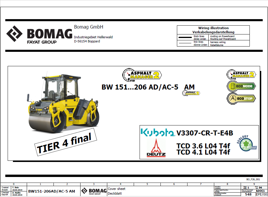 BOMAG BW 151 AD-5 AM Tandem Vibratory Roller Electric and Hydraulic Schematic Diagram Manual (Serial Numbers: 101921681001 - 101921689999)