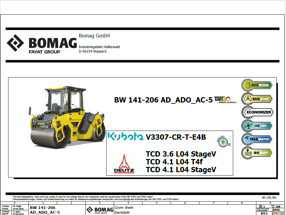 BOMAG BW 161 AD-5 Tier 4 Stage V Tandem Vibratory Roller Electric and Hydraulic Schematic Diagram Manual (SN: 101921861001 - 101921869999)