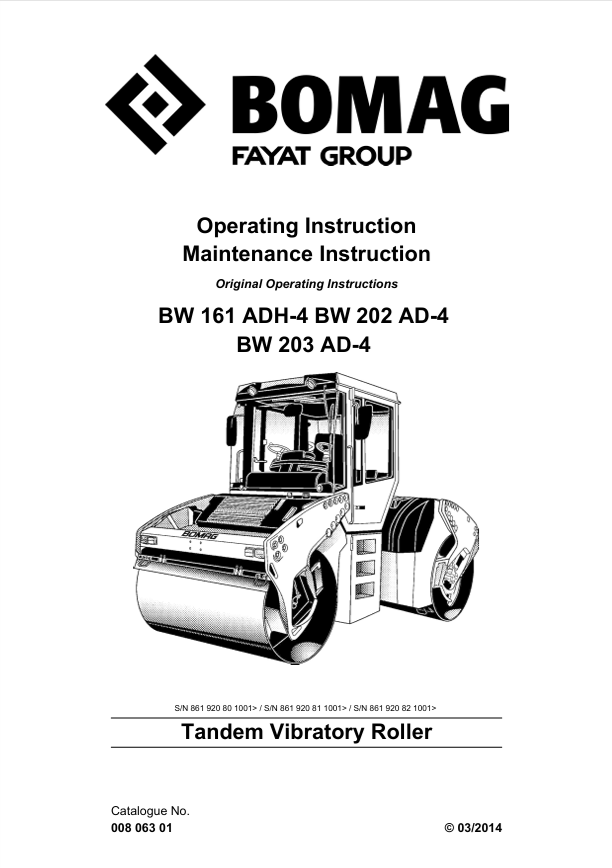 BOMAG BW 161 ADH-4 Roller Operating & Maintenance Manual PDF