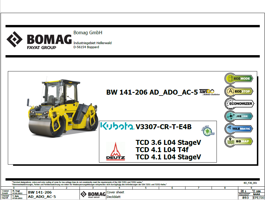 BOMAG BW 161 ADO-5 Tier 4 Stage V Electric & Hydraulic Schematic Diagram Manual 101921911001–101921919999