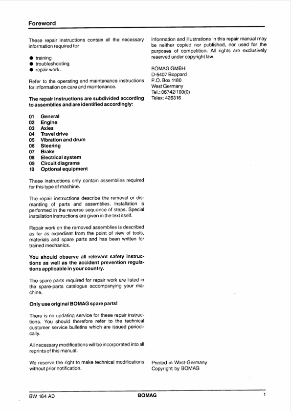 BOMAG BW 164AD Instruction & Repair Manual PDF