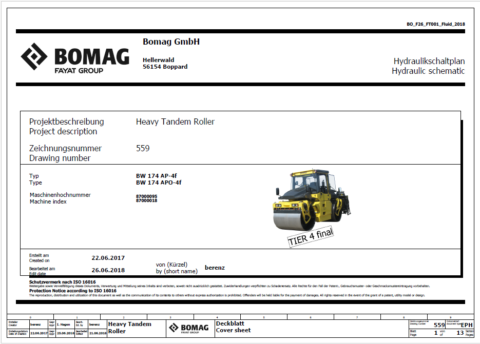 BOMAG BW 174 APO-4V Tandem Vibratory Roller Electric & Hydraulic Schematic Diagram Manual