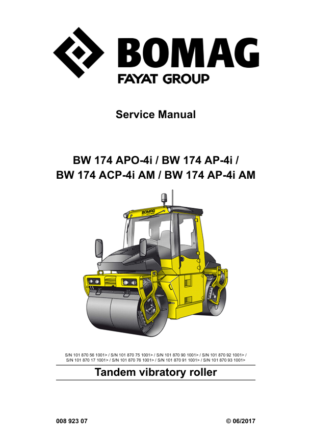 BOMAG BW 174 AP AM-4F Roller Service Manual 00892307 PDF