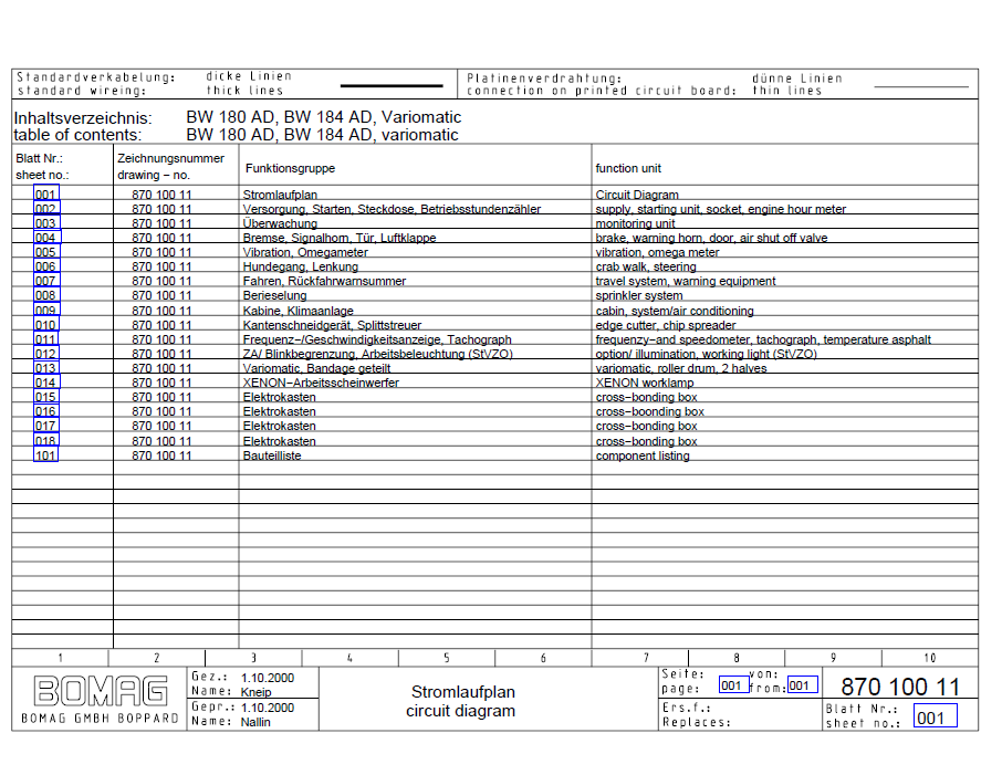 BOMAG BW 184 AD Tandem Vibratory Roller Electric Schematic Diagram Manual