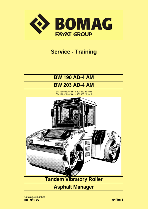 BOMAG BW 190 AD-4 Tandem Vibratory Roller Service Training Manual PDF