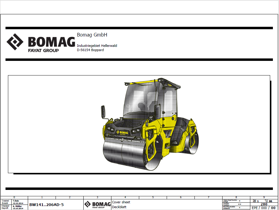 BOMAG BW 190 ADO-5 Tandem Vibratory Roller Electric and Hydraulic Schematic Diagram Manual (S/N: 101921491001 - 101921491020)