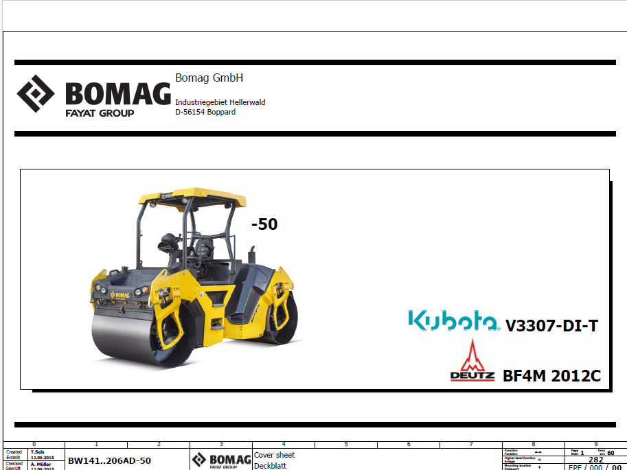 BOMAG BW 202 ADO-50 Tandem Vibratory Roller Electric & Hydraulic Schematic Diagram Manual (S/N: 101921381001 - 101921389999)