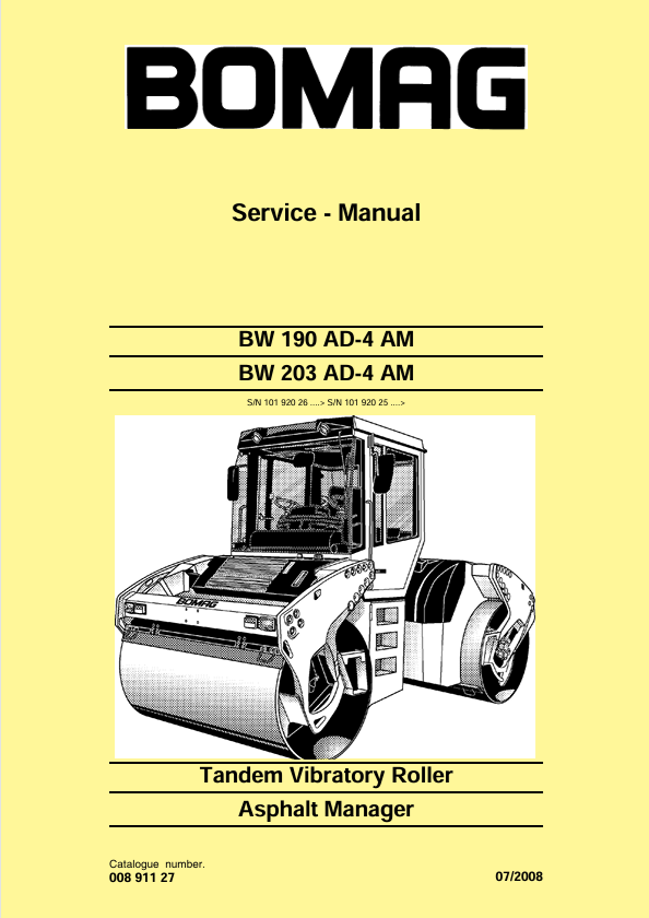 BOMAG BW 203 AD-4 AM Tandem Vibratory Roller Service Manual 00891127 PDF