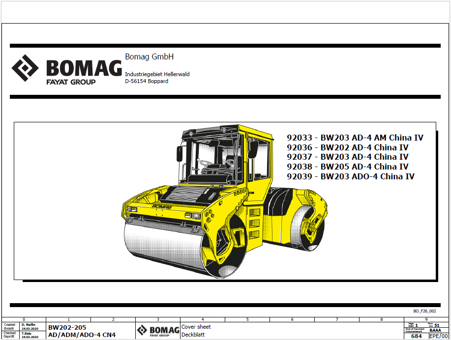 BOMAG BW 203 AD-4 CC Tandem Vibratory Roller Electric and Hydraulic Schematic Diagram Manual (S/N: 961920371002 - 961920379999)