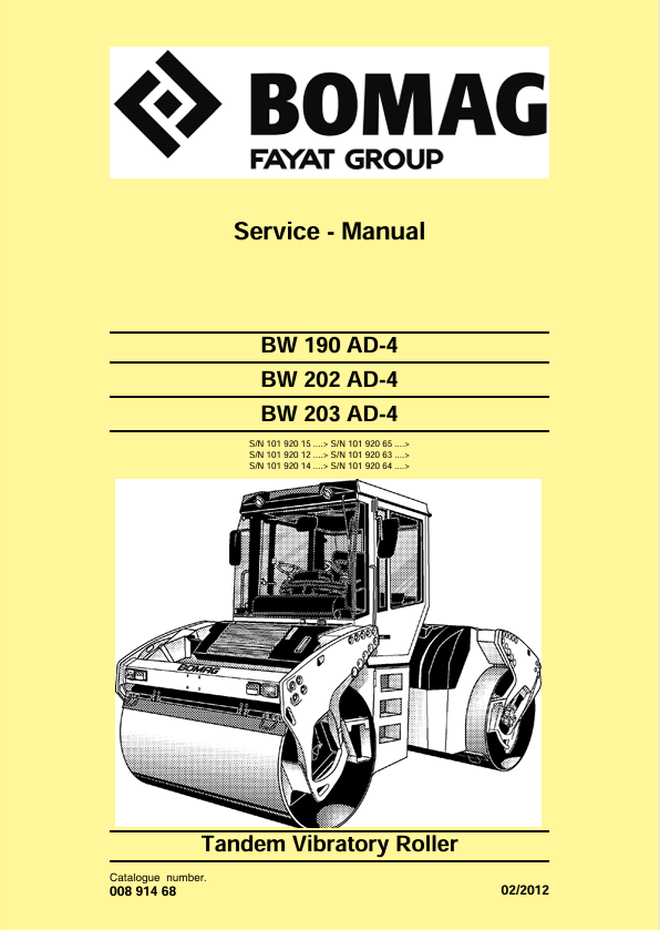 BOMAG BW 203 AD-4 Tandem Vibratory Roller Service Manual 00891468 PDF