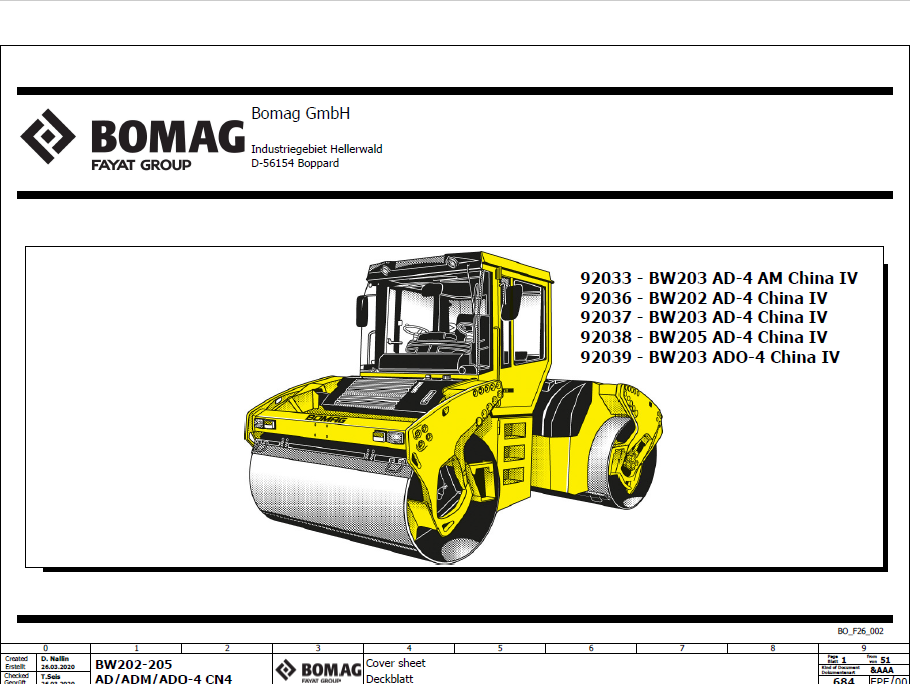 BOMAG BW 203 ADO-4 CC Tandem Vibratory Roller Electric Schematic Diagram Manual (961920391001 - 961920399999)
