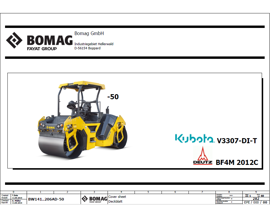 BOMAG BW 206 AD-50 Tandem Vibratory Roller Electric & Hydraulic Schematic Diagram Manual (SN: 101921281001-101921289999)