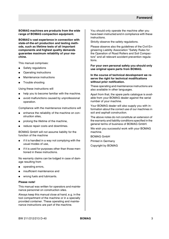 BOMAG BW 211 D-40, PD-40 Service & Maintenance Manual 08-2006 PDF