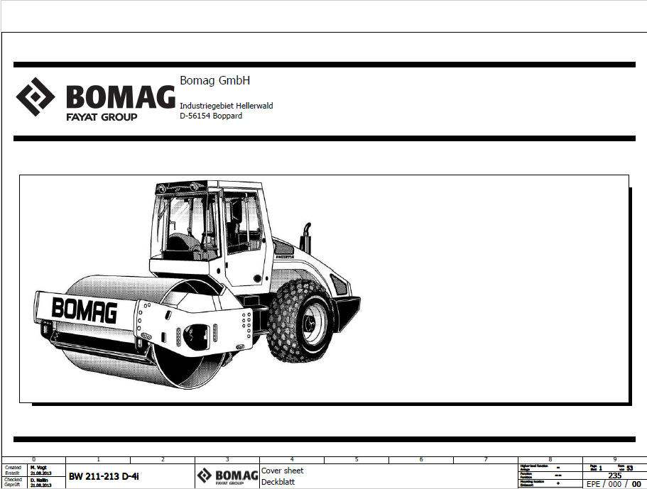 BOMAG BW 211 D-4I Single Drum Vibratory Roller Electric & Hydraulic Schematic Diagram Manual (SN: 101585231001-101585231047)
