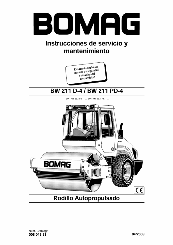 BOMAG BW 211 D-4 Service Instructions Manual 04-2008 PDF