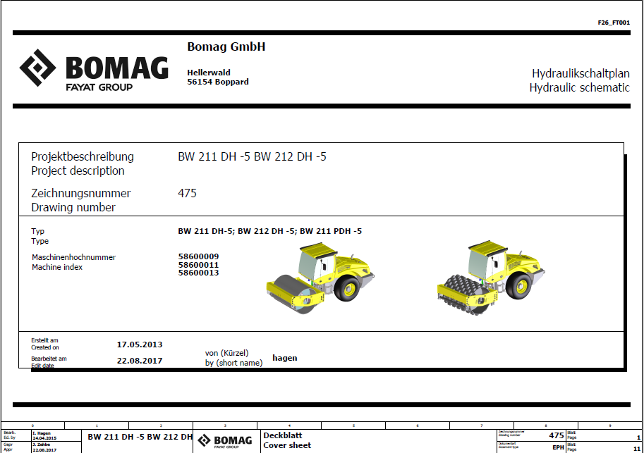 BOMAG BW 211 DH-5 Single Drum Vibratory Roller Electric and Hydraulic Schematic Diagram Manual