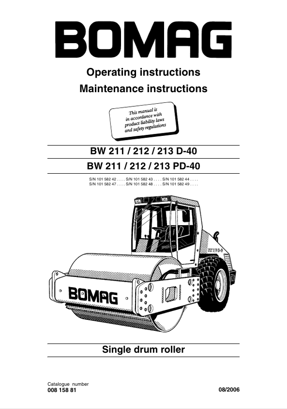 BOMAG BW 212 D-40 PD-40 Operating & Maintenance Manual PDF