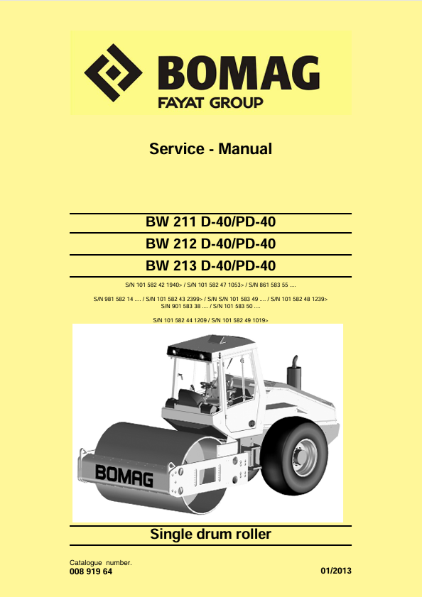 BOMAG BW 212 D-40 & PD-40 Roller Service Manual 00891964 PDF