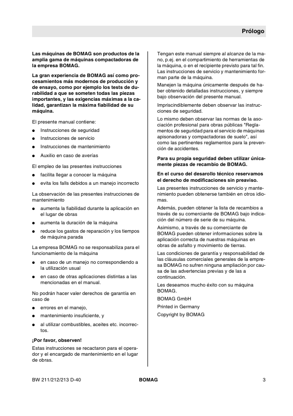 BOMAG BW 212 D-40 PD-40 Service & Maintenance Manual 00815883