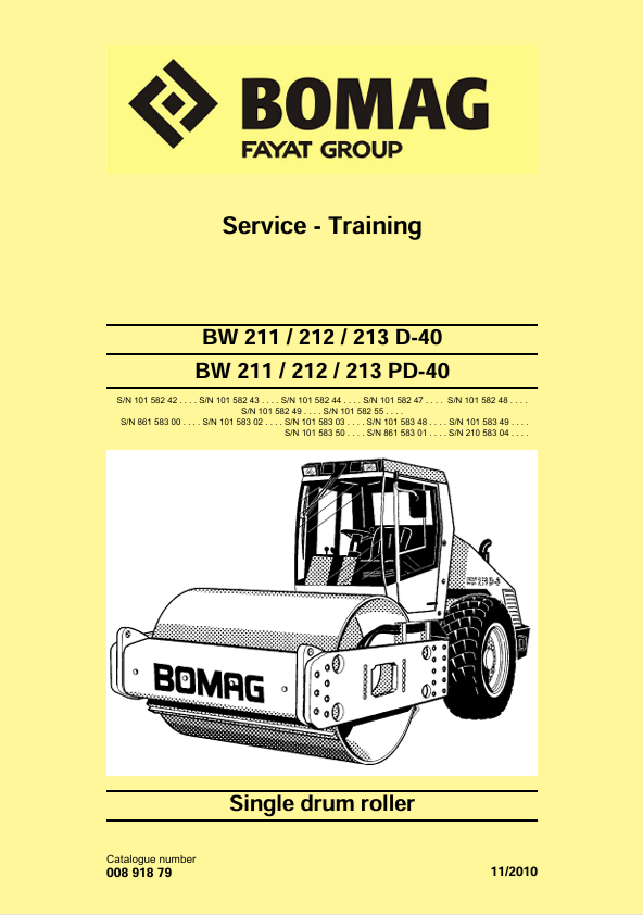 BOMAG BW 212 D-40 & PD-40 Single Drum Roller Service Training Manual 00891879 PDF