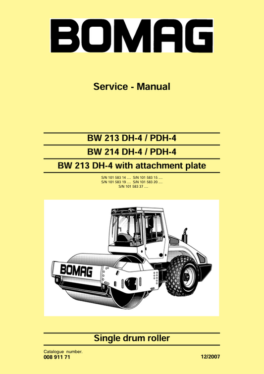 BOMAG BW 213/214 DH-4 PDH-4 Single Drum Roller Service Manual 00891171 PDF