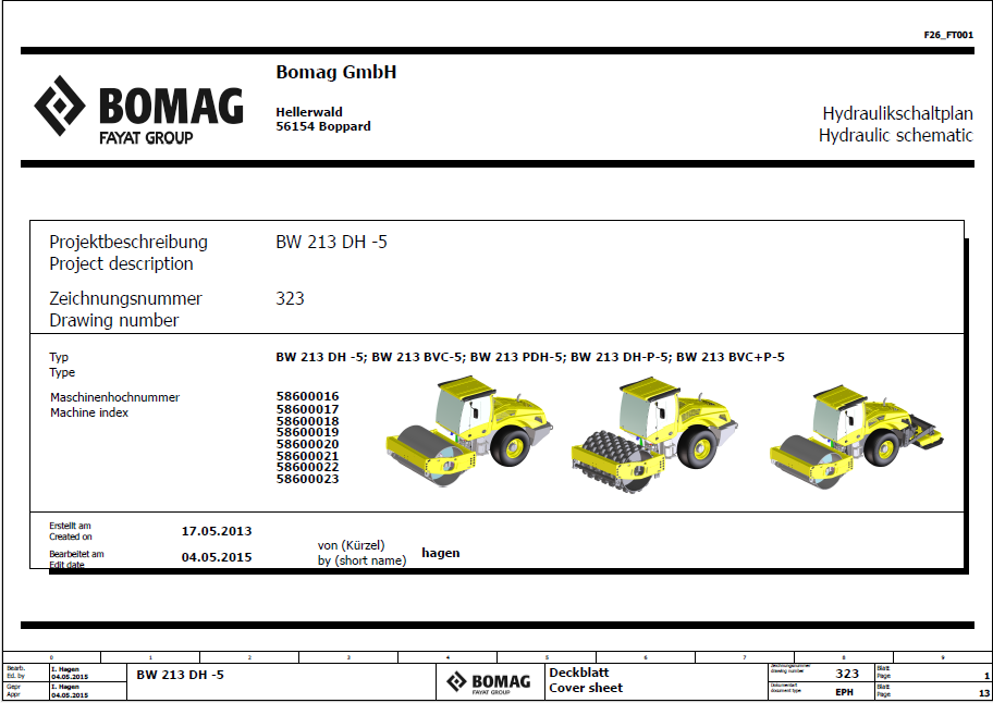 BOMAG BW 213 BVC-5 Single Drum Vibratory Roller Electric & Hydraulic Schematic Diagram Manual 101586211001–101586211015