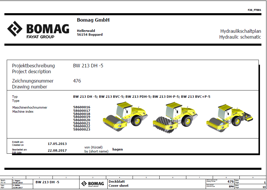 BOMAG BW 213 BVC-5 Single Drum Vibratory Roller Electric & Hydraulic Schematic Diagram Manual 101586881001-101586889999