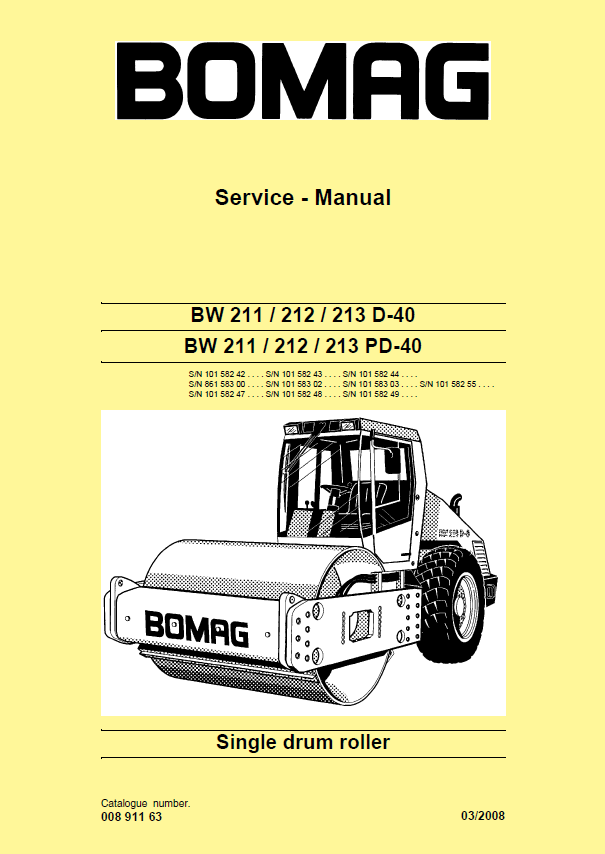 BOMAG BW 213 D-40, PD-40 Single Drum Roller Service Manual (03.2008)