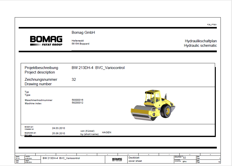 BOMAG BW 213 DH-4I BVC Single Drum Vibratory Roller Electric & Hydraulic Schematic Diagram Manual