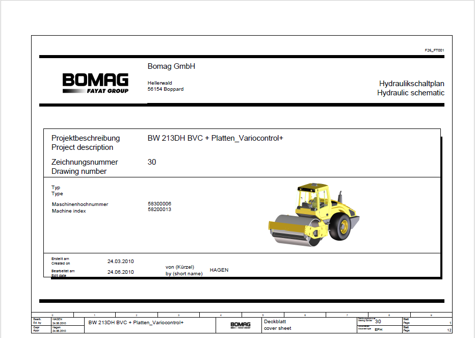 BOMAG BW 213 DH-4I BVC Single Drum Vibratory Roller Electric & Hydraulic Schematic Diagram Manual (SN: 101585071001 - 101585071004)