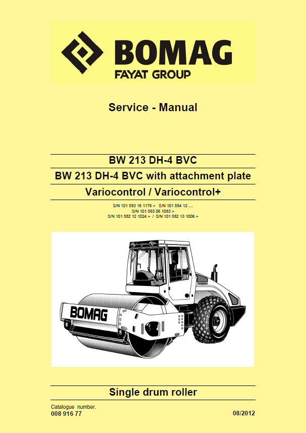BOMAG BW 213 DH-4 BVC Single Drum Roller Service Manual (08.2012)