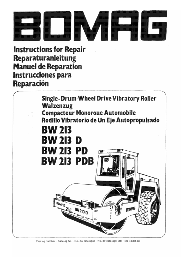BOMAG BW 213 Instruction Repair Manual 00819094 PDF