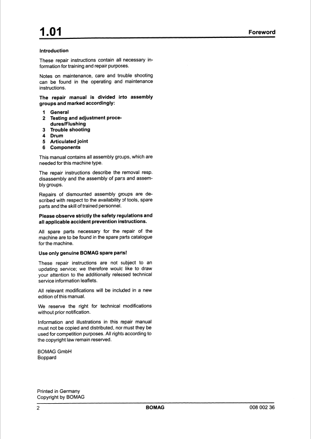 BOMAG BW 213 PDH-3 00819116 Maintenance & Repair Manual