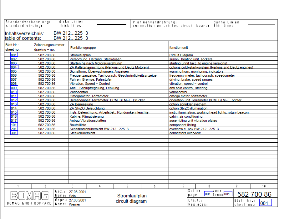 BOMAG BW 216 D-3 Electric Schematic Diagram Manual (S/N 101580401099-101580401154)