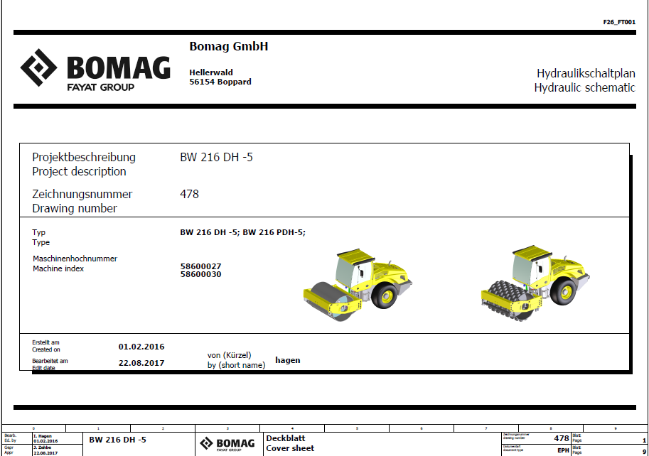 BOMAG BW 216 DH-5 Single Drum Vibratory Roller Electric & Hydraulic Schematic Diagram Manual (S/N 101587571001 - 101587579999)
