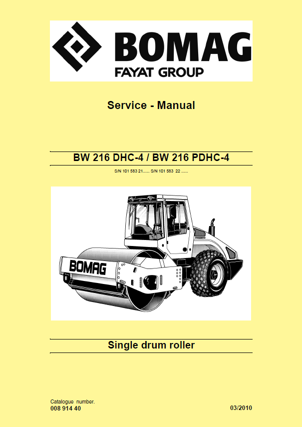 BOMAG BW 216 DHC-4 Single Drum Roller Service Manual PDF (03.2010)