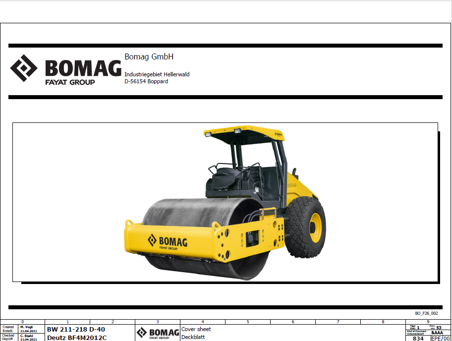 BOMAG BW 216 PD-40 Single Drum Vibratory Roller Electric and Hydraulic Schematic Diagram Manual (S/N: 961582981001 - 961582989999)