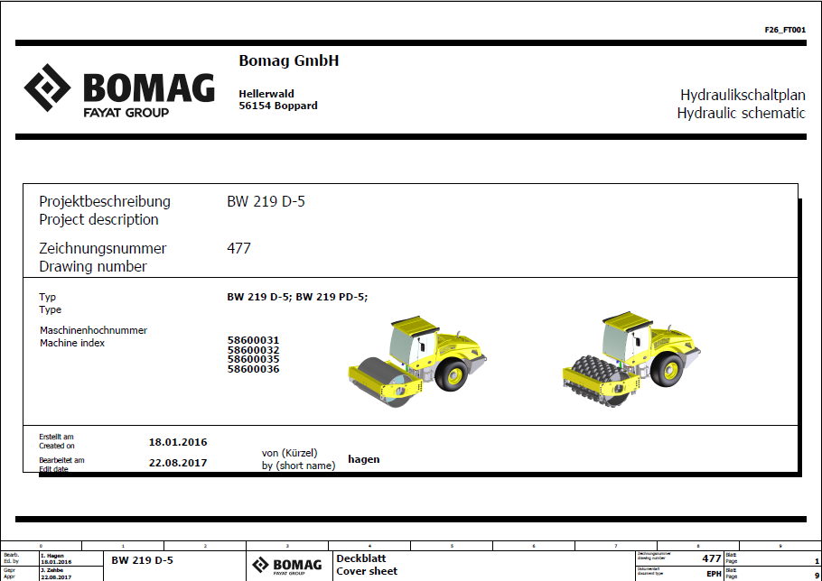 BOMAG BW 219 D-5 Stage V Single Drum Roller Electric & Hydraulic Schematic Diagram Manual (101587321001-101587321002)