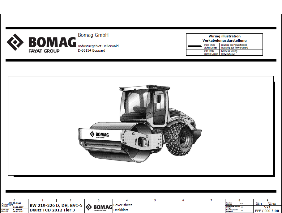BOMAG BW 219 D-5 Tier 3 Single Drum Vibratory Roller Electric & Hydraulic Schematic Diagram Manual (SN: 101586611001 - 101586619999)