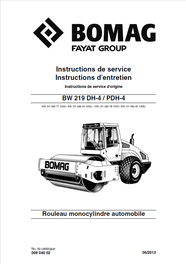 BOMAG BW 219 DH-4 PDH-4 Roller Operating Instructions (FR, 2013)